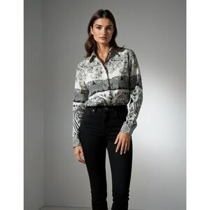 Etro Womens Paisley Print Button Down Shirt 40 White Black Italian Luxury Boho